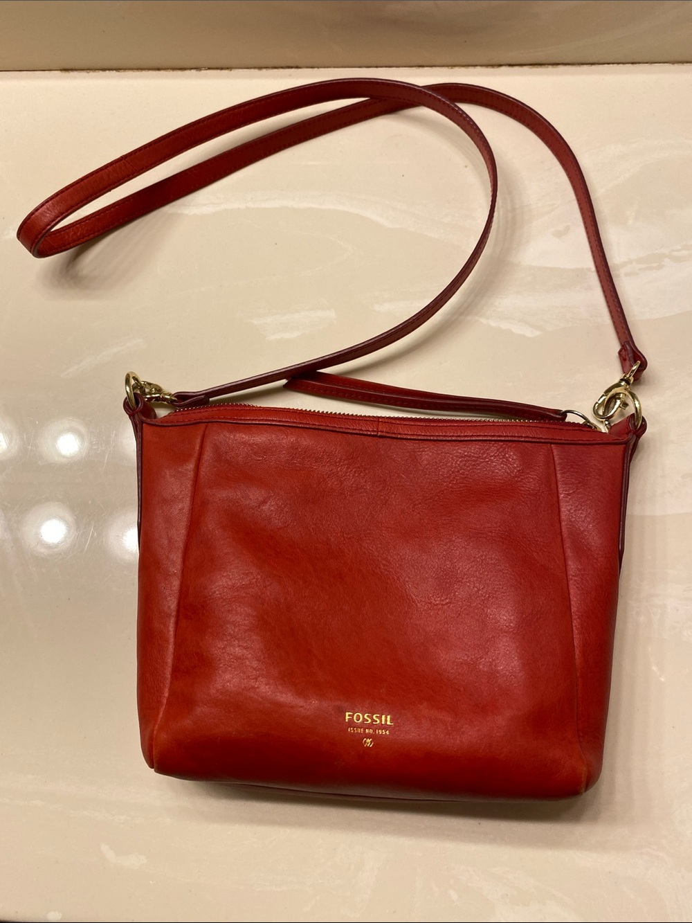 Fossil Red Leather Crossbody with Gold-Tone Accents